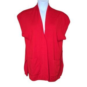 VINTAGE 80s red sleeveless open‎ front wool sweater vest with pockets L